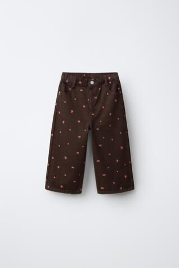 ZARA САРЖЕВЫЕ БРЮКИ-КЮЛОТЫ С ВЫШИВКОЙ, КОРИЧНЕВЫЙ