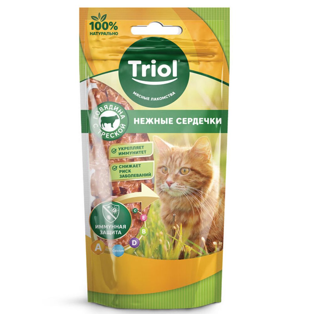 Лакомство Triol для кошек «Нежные сердечки из говядины с треской», 40г