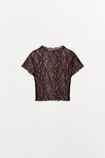 ZARA КРУЖЕВНОЙ КРОП-ТОП, ТЕМНО-КОРИЧНЕВЫЙ