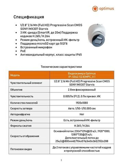 Видеокамера Optimus IP-S042.1(2.8)MPC_V.1