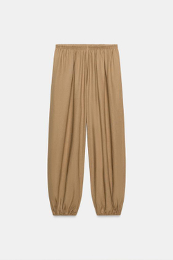 ZARA БРЮКИ-ШАРОВАРЫ ИЗ ЛЬНА, ПЕСОЧНЫЙ