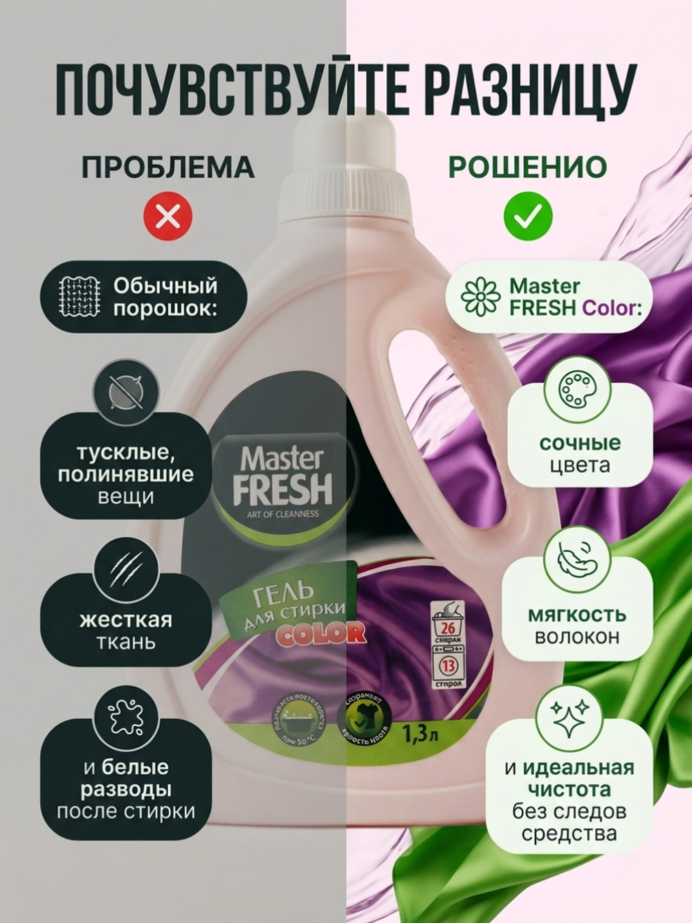 Master FRESH Гель д/стирки COLOR 1,3л флакон с ручкой *3*6