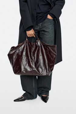 Massimo Dutti Сумка-тоут макси из кожи наппа с эффектом кракелюр, шоколадно-коричневый