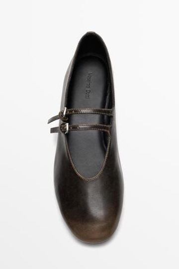 Massimo Dutti Кожаные балетки с двумя ремешками, коричневый