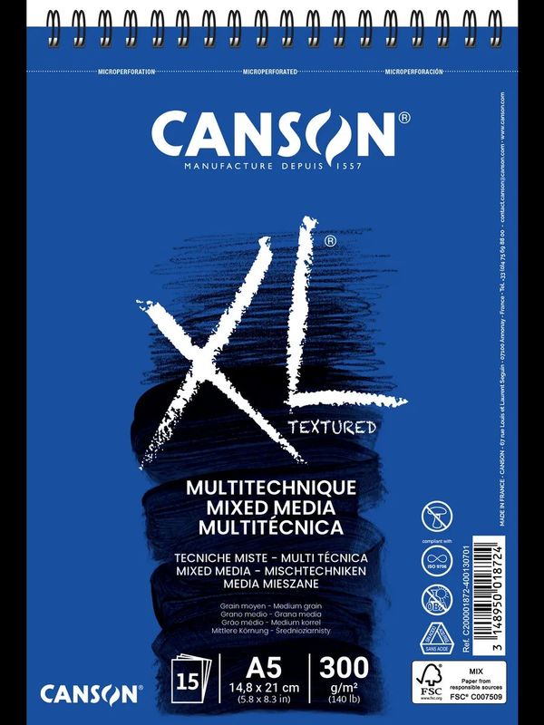 Альбом для смешанных техник XL Mixed Media Textured 300 г/м², A5 21х14.8 см, на спирали 15 л., Canson, C200001872