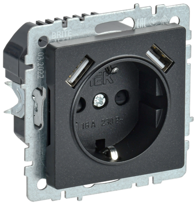 BRITE Розетка 1-местная с заземлением с защитными шторками 16А с USB A+A 5В 3,1А РЮш10-2-БрЧ черный IEK