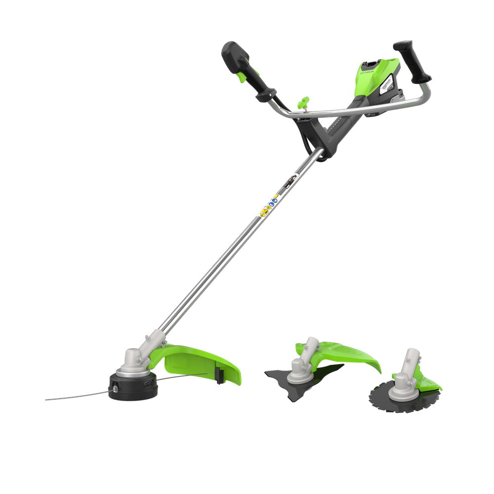 Триммер аккумуляторный Greenworks TB201H, Арт. 2112407, 82V, 2,0 кВт, 46 см, c трехлопастным ножом и кусторезом, бесщеточный, без АКБ и ЗУ