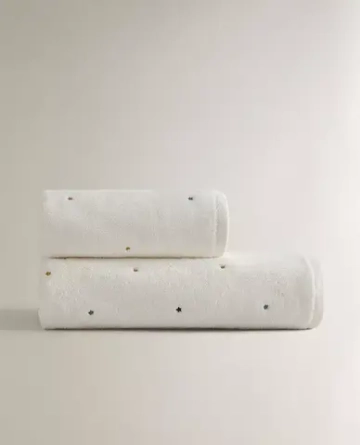 ZARA HOME ДЕТСКОЕ КУПАЛЬНОЕ ПОЛОТЕНЦЕ С ВЫШИВКОЙ «ЗВЕЗДЫ», ЖЕЛТОВАТО-БЕЛЫЙ