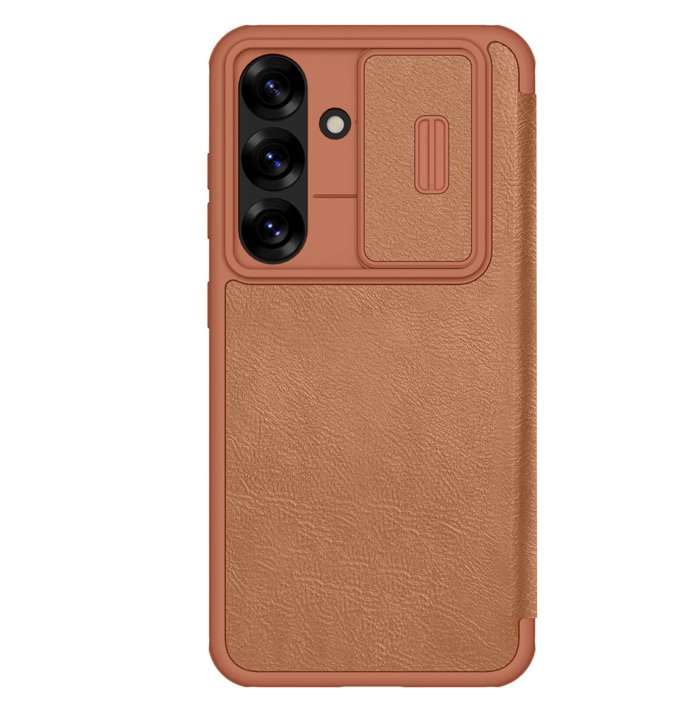 Кожаный чехол книжка коричневого цвета от Nillkin для Samsung Galaxy S25, серия Qin Pro Leather с сдвижной защитной шторкой для камеры