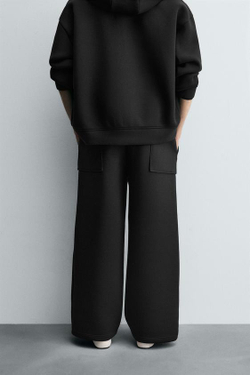 ZARA БРЮКИ INTERLOCK WIDE FIT, ЧЕРНЫЙ