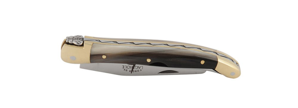 Golf knife, 9 cm blade, divot tool, 2 brass bolsters, shiny finish, horn tip handle