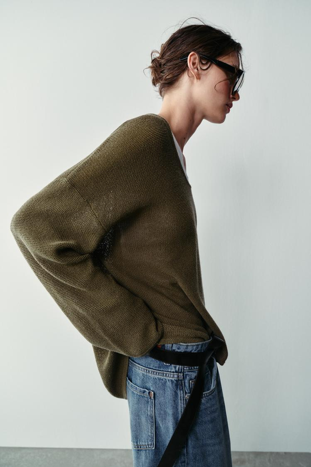 ZARA СВИТЕР С КРУГЛЫМ ВЫРЕЗОМ, ХАКИ