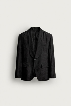 ZARA ЖАККАРДОВЫЙ БЛЕЙЗЕР С ЦВЕТОЧНЫМ ПРИНТОМ, ЧЕРНЫЙ