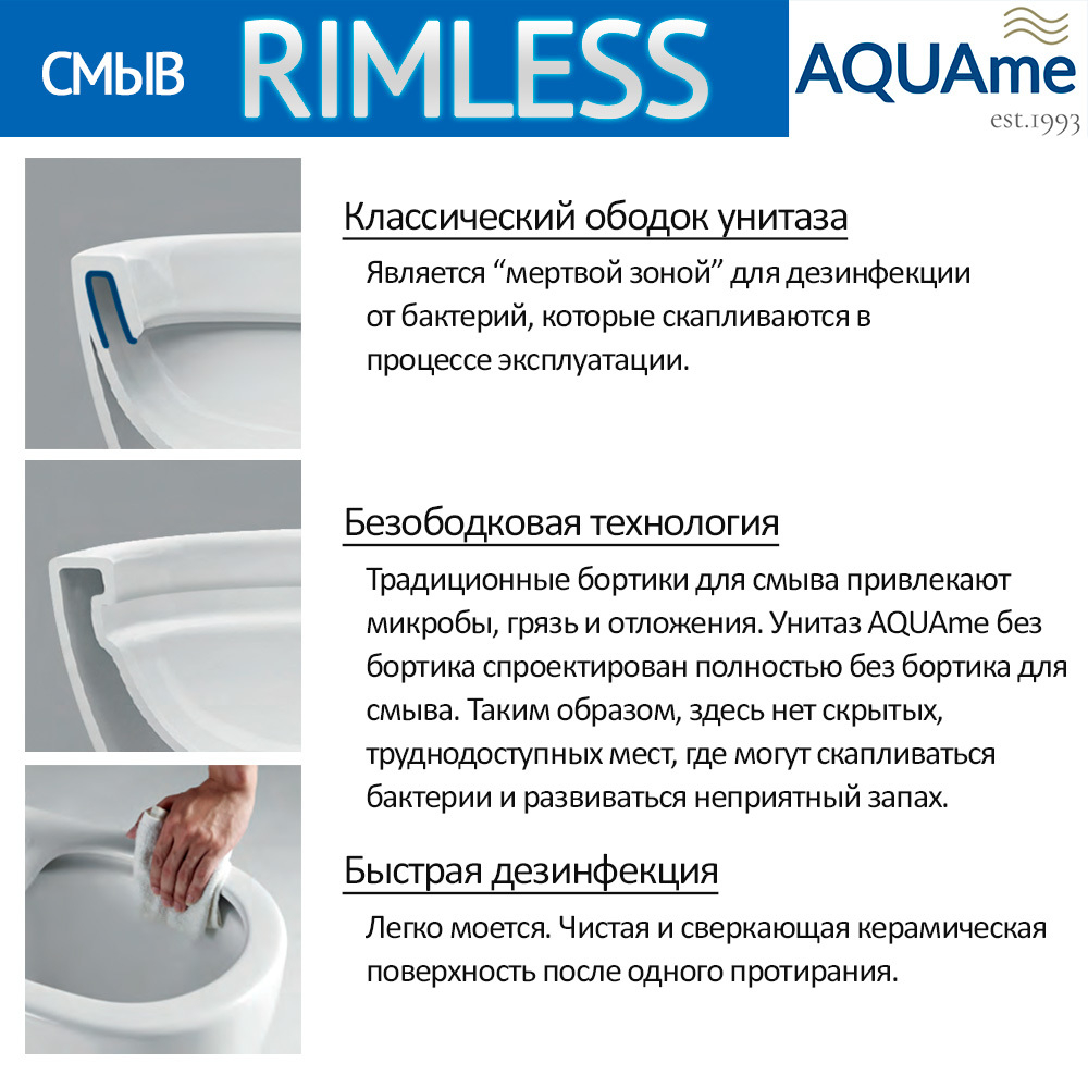 AQM1004 Унитаз напольный Rimless с сиденьем SoftClose, горизонтальный выпуск. 615x350x410мм