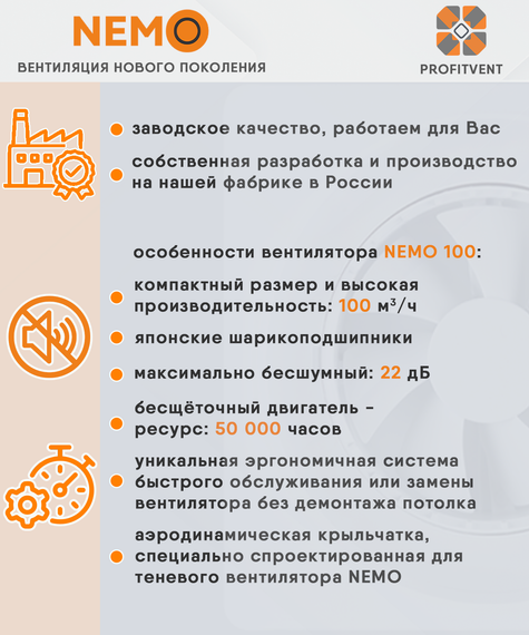 Вентилятор ультратонкий Profitvent NEMO 100 с обратным клапаном для натяжных потолков