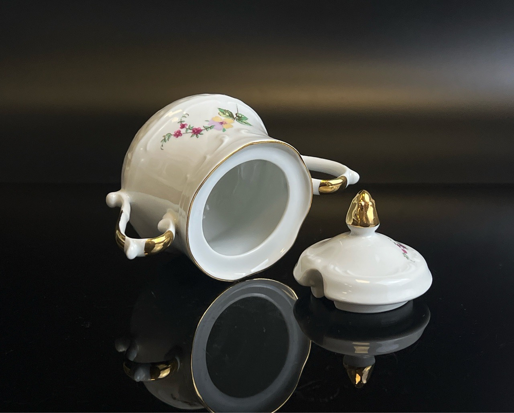 Сахарница фарфоровая с цветочным декором, золочение, рельеф, Wloclawek porcelana винтаж Польша, времён СССР 1967-1973 гг