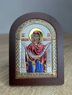 Покрова БМ, икона арочная, красное дерево, эмаль 60х75