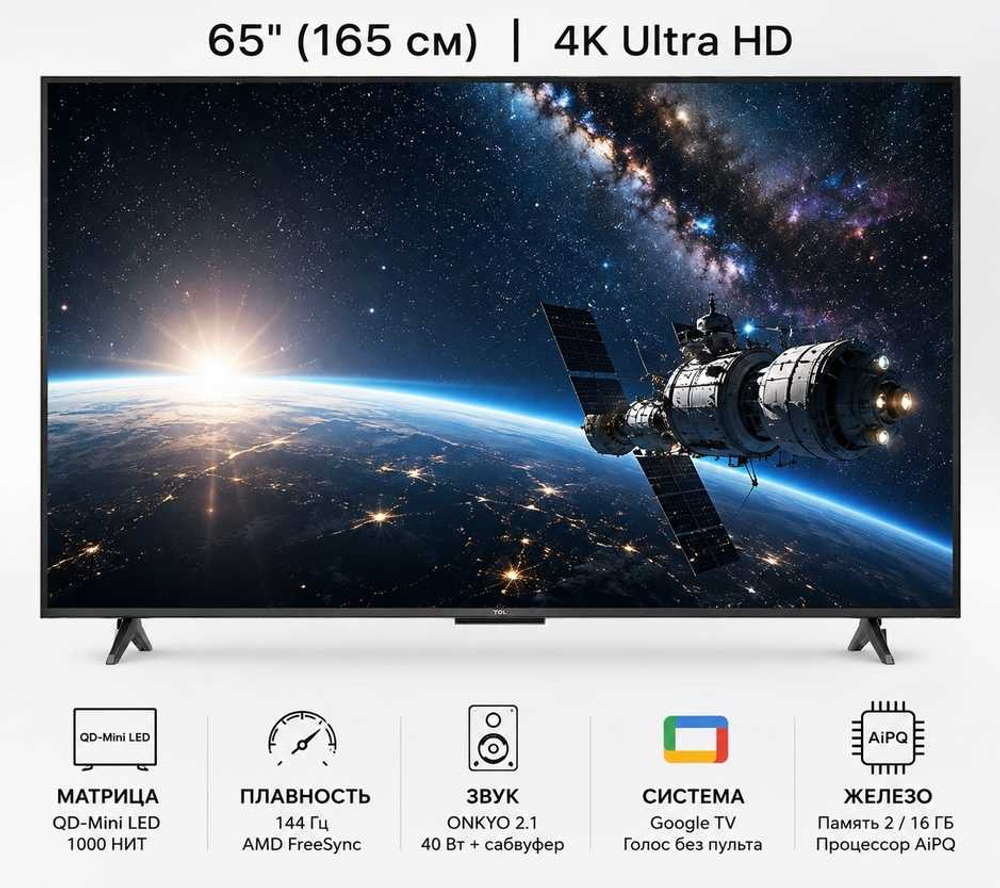 Телевизор TCL 65Q6CS, 165см, 4K Ultra HD, Google TV OS, 144 Гц, QD-Mini LED, HDR