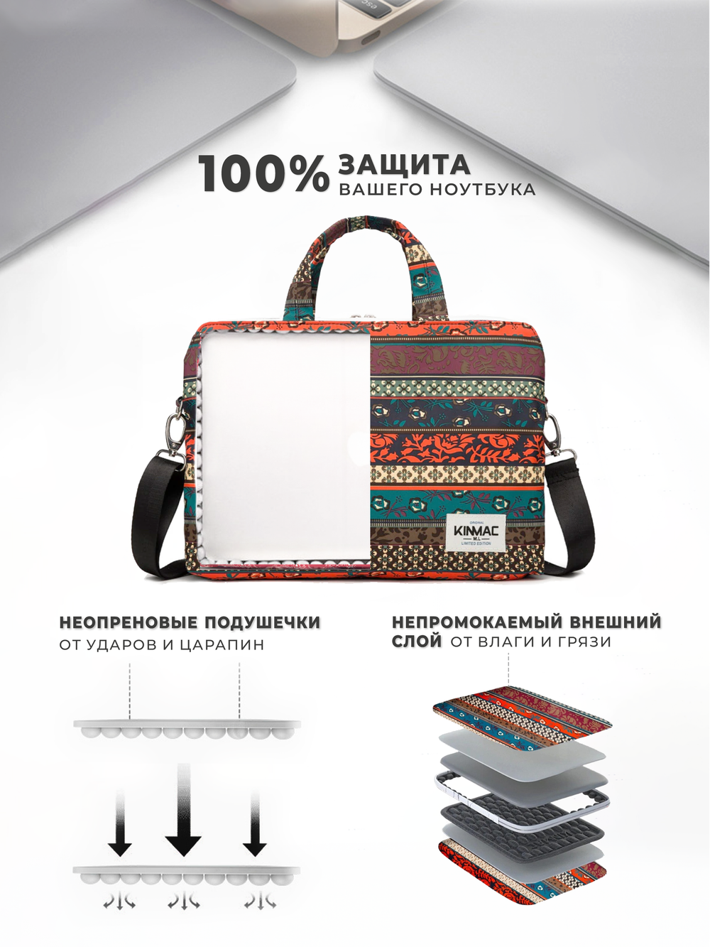 Сумка для ноутбука 15,6" и 17" с ремнем на плечо и 3 отделениями (Бохо)