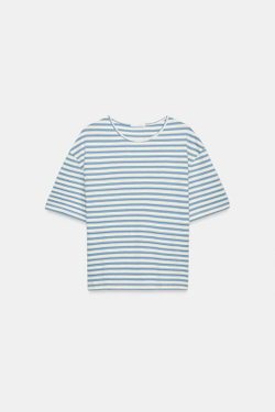 ZARA ФУТБОЛКА В ПОЛОСКУ С КОРОТКИМИ РУКАВАМИ, ЭКРЮ/СИНИЙ