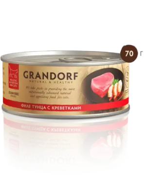 Grandorf Консервы для кошек Филе тунца с креветками в бульоне 70г