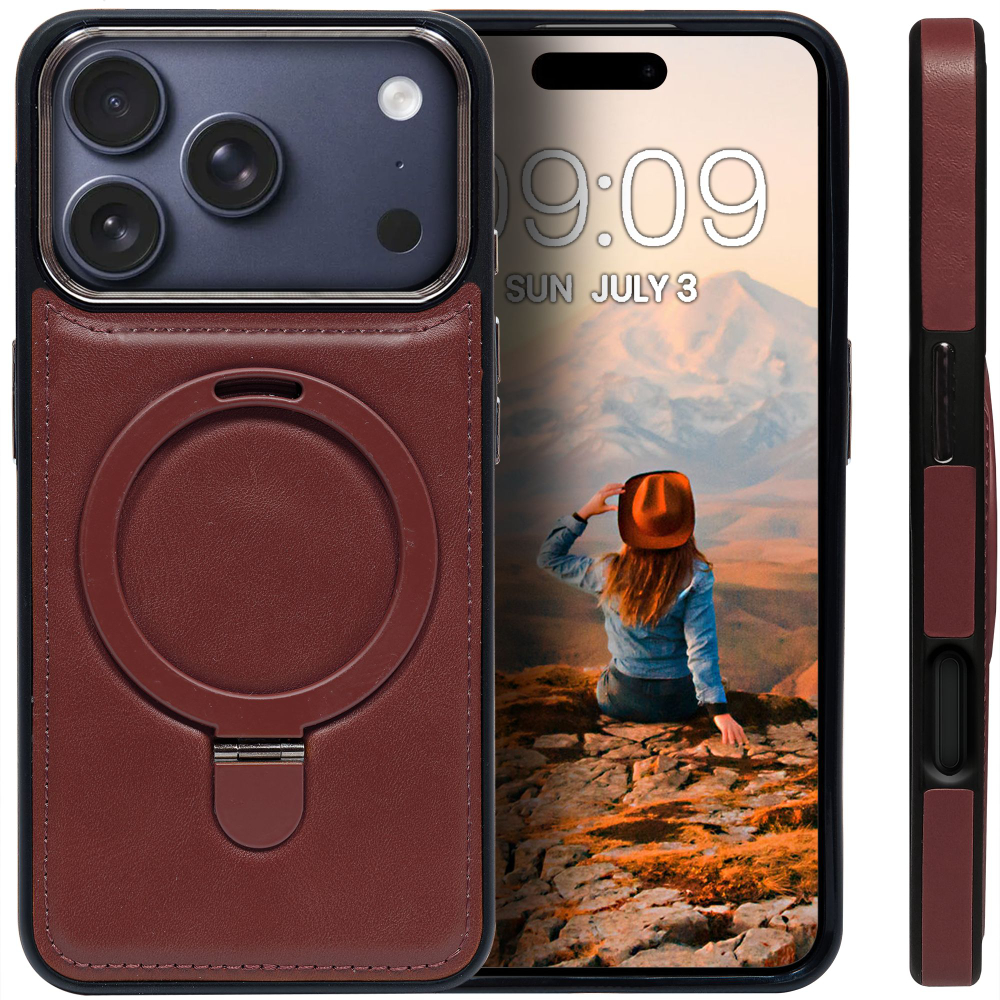 Business style чехол из кожи для IPHONE 17 PRO с кольцом-подставкой и бархатной подкладкой