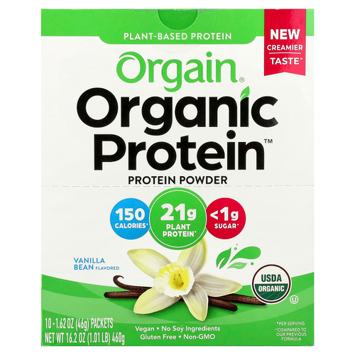 Orgain, Organic Protein™, растительный протеин в порошке, со вкусом ванили, 10 пакетиков по 46 г (1,62 унции)
