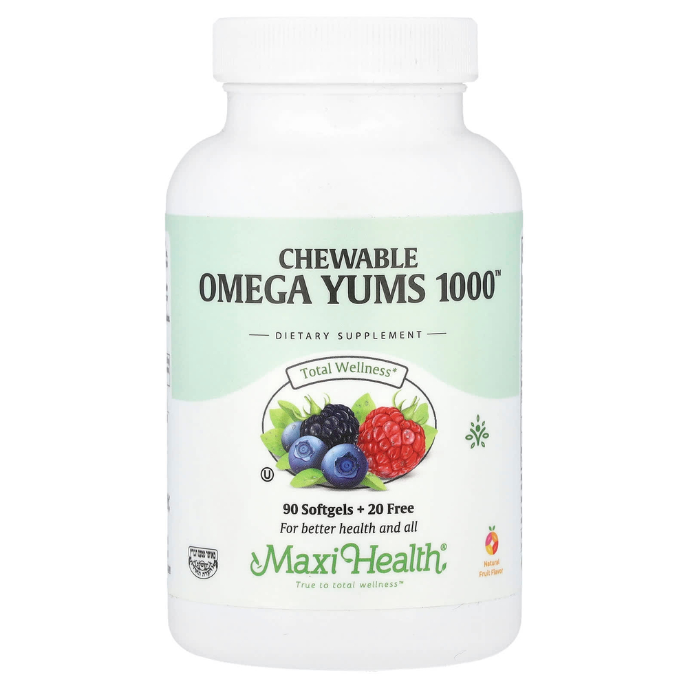 Maxi Health, Жевательные таблетки Omega Yums 1000 ™, натуральные фрукты, 110 мягких таблеток