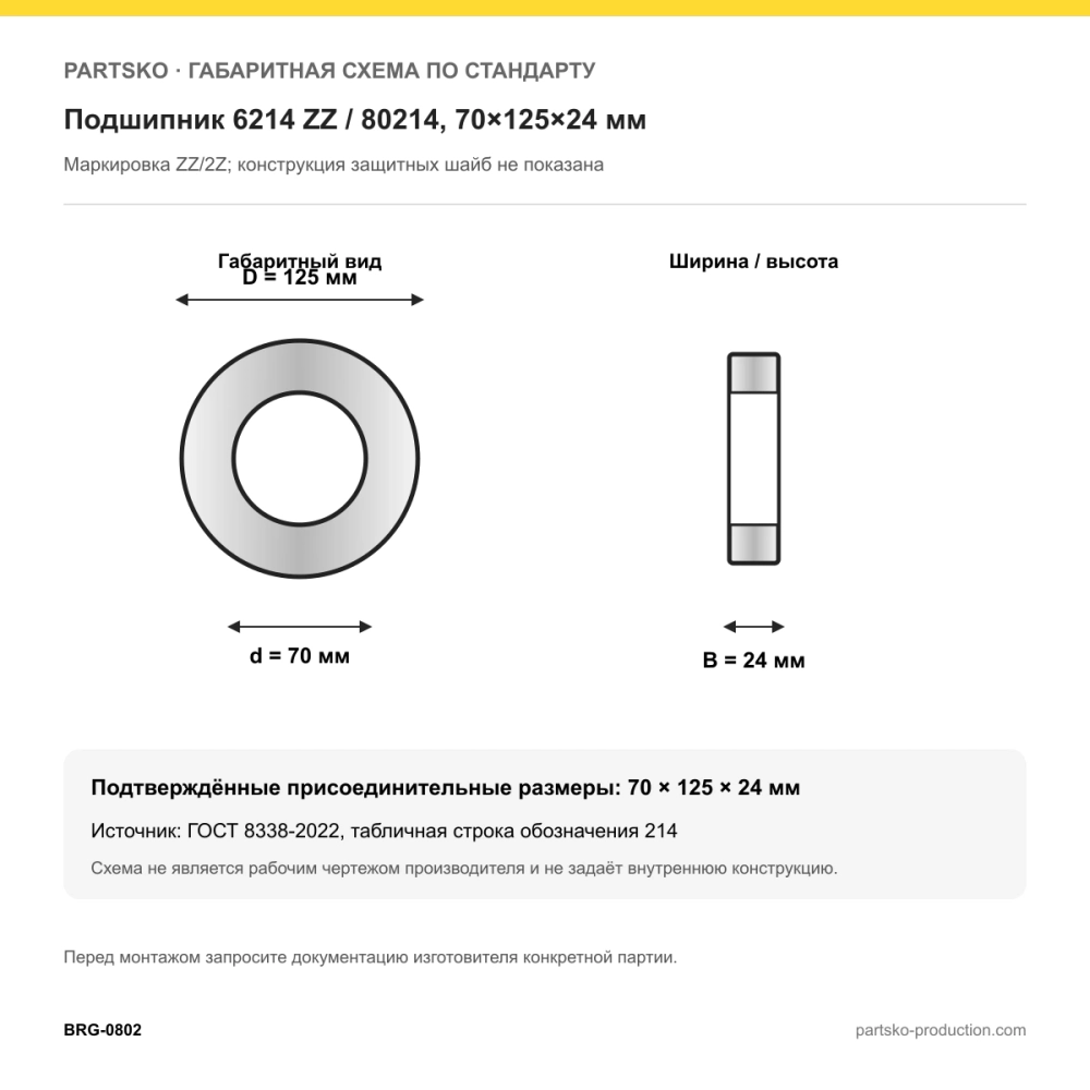 Габаритная схема Подшипник 6214 ZZ / 80214, 70×125×24 мм: 70×125×24 мм по ГОСТ 8338-2022