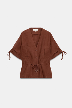 ZARA КУРТКА В СТИЛЕ САФАРИ С КОРОТКИМИ РУКАВАМИ И БИСЕРОМ, ТЕМНЫЙ ЧЕРЕПИЧНЫЙ