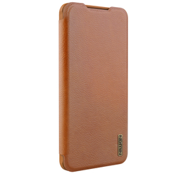 Кожаный чехол книжка коричневого цвета от Nillkin для смартфона Samsung Galaxy S25 Edge, серия Qin Pro Leather с сдвижной защитной шторкой для камеры