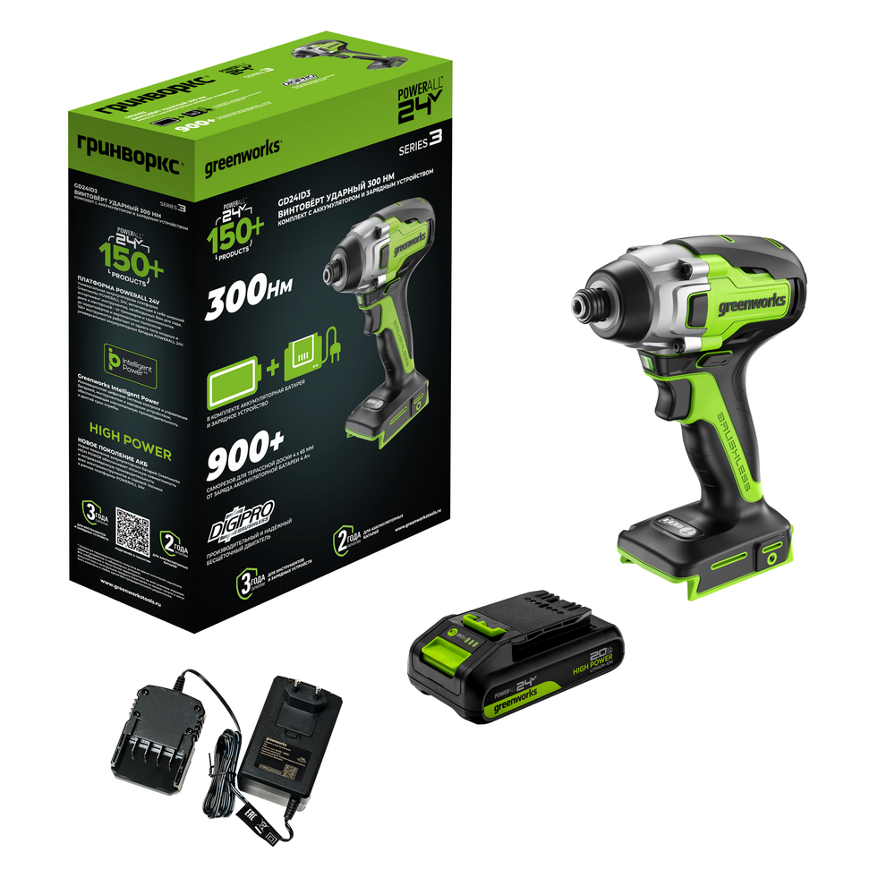 Винтоверт ударный акк. Greenworks GD24ID3, 24V, б/щет, 0-2800об/мин, 4000уд/мин, HEX 1/4, 300Нм, 3 режима,1x2Ач,ЗУ,кор (3802807CUA)