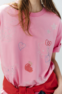 ZARA ФУТБОЛКА С ЭФФЕКТОМ ПОТЕРТОСТИ И БЛЕСТКАМИ HELLO KITTY ©, РОЗОВЫЙ