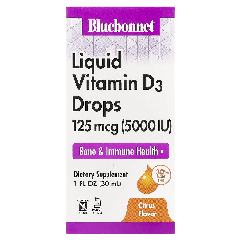 Bluebonnet Nutrition, капли витамина D3, с натуральным цитрусовым вкусом, 5000 МЕ, 30 мл (1 жидкая унция)