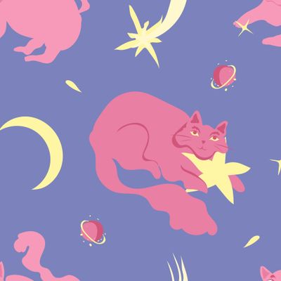 Милые космические котики со звёздами на сиренево-голубом. Cute space cats in the periwinkle sky