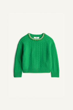 ZARA СВИТЕР С КРУГЛЫМ ВЫРЕЗОМ - LIMITED EDITION, ЗЕЛЕНЫЙ/ЭКРЮ