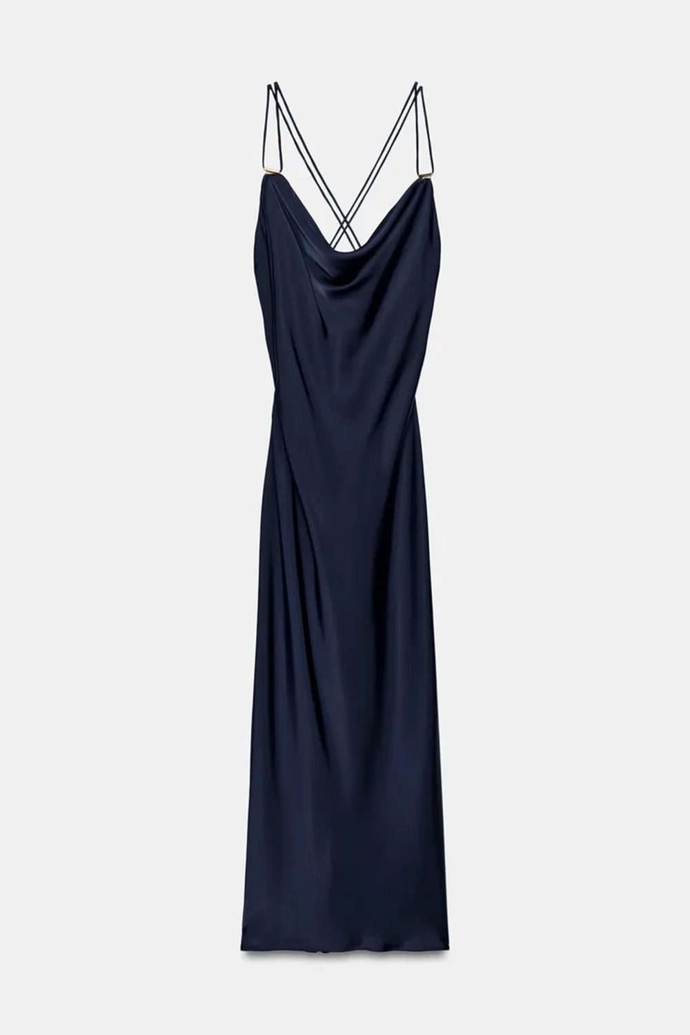 ZARA АТЛАСНОЕ ПЛАТЬЕ В БЕЛЬЕВОМ СТИЛЕ С ЗОЛОТИСТОЙ ФУРНИТУРОЙ, СИНИЙ