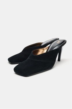 ZARA КОЖАНЫЕ МЮЛИ НА КАБЛУКЕ ZW COLLECTION, ЧЕРНЫЙ