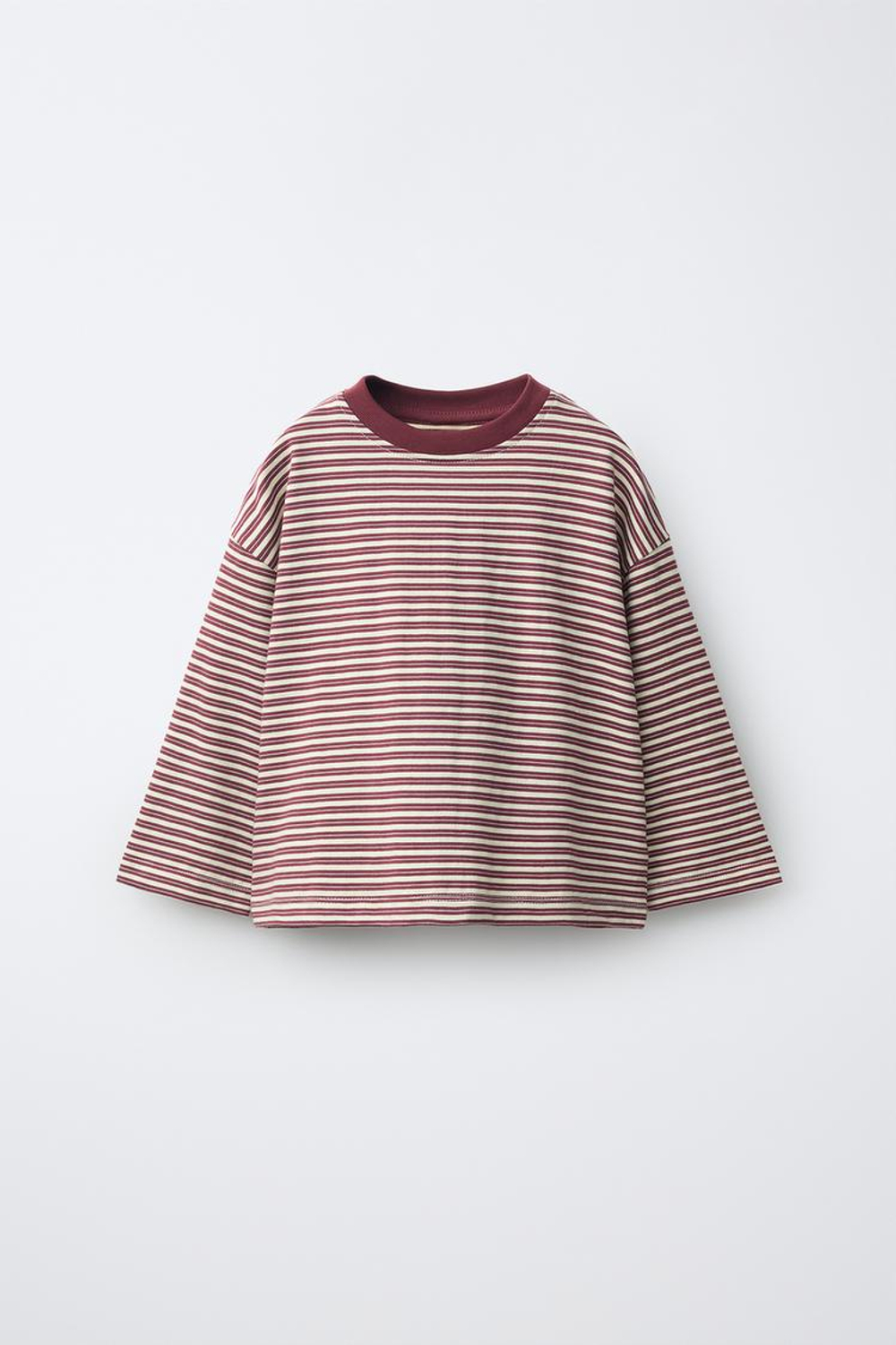 ZARA ФУТБОЛКА В ПОЛОСКУ С КОНТРАСТНЫМ ВОРОТОМ, БОРДОВЫЙ