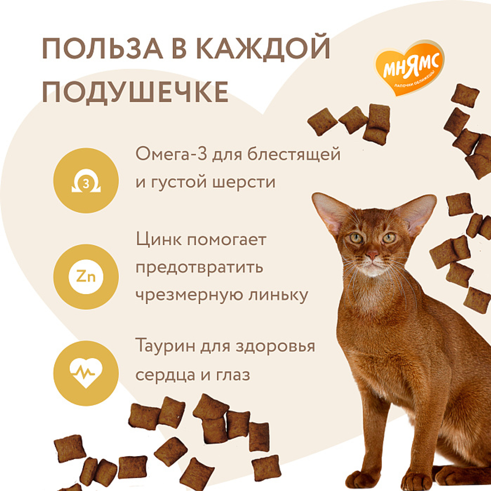 Лакомство для кошек Мнямс "Здоровая кожа и шерсть" хрустящие подушечки с птицей 60 гр