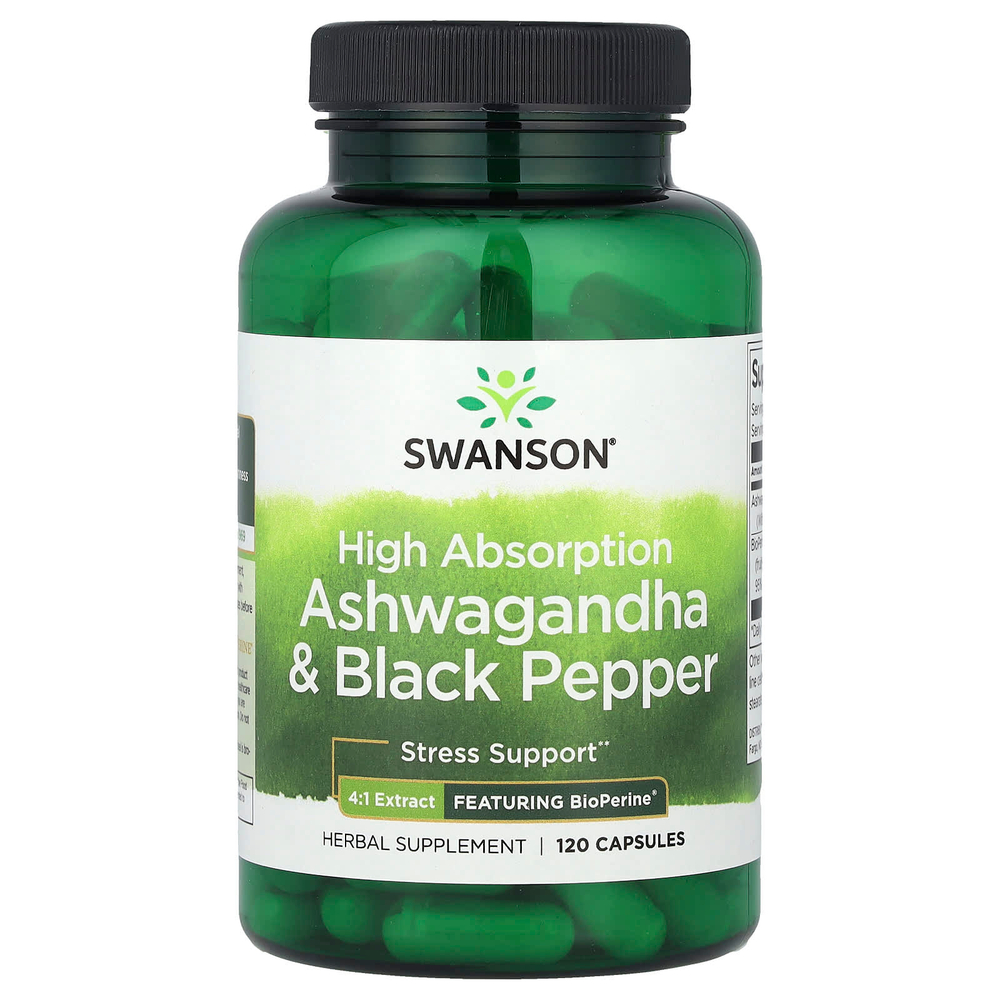 Swanson Vitamins, Ашваганда и черный перец с высокой усвояемостью, 120 капсул