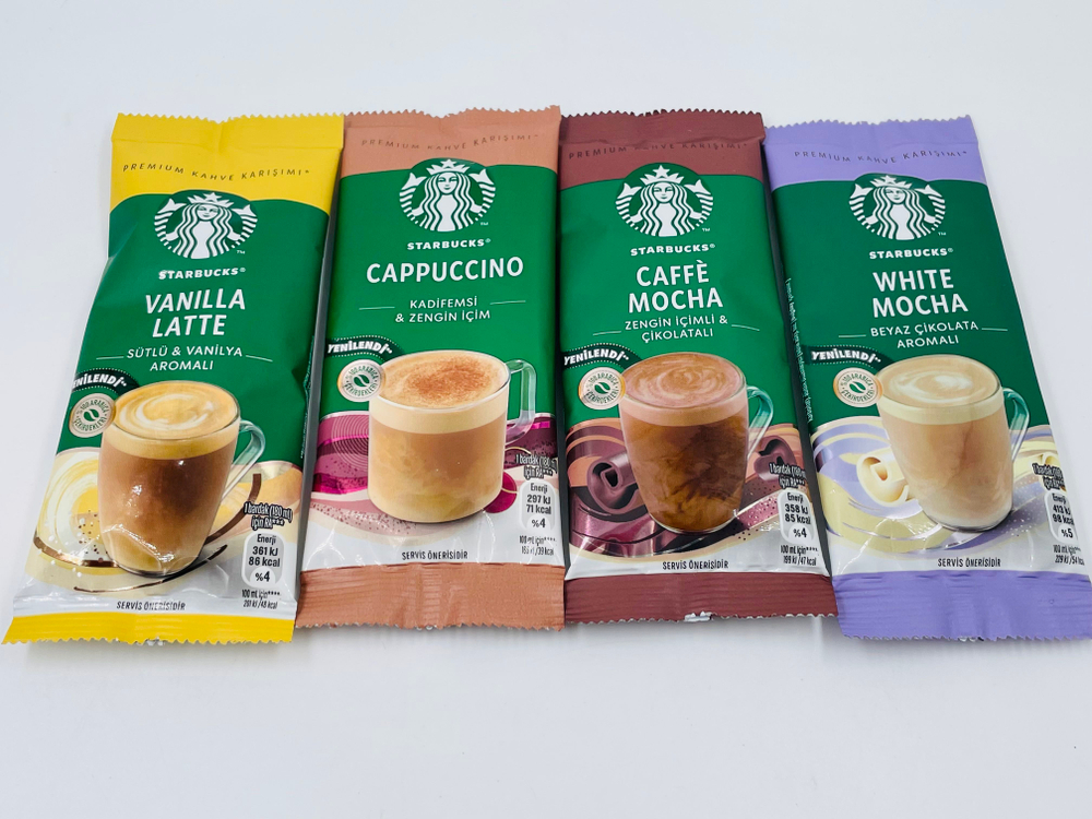 Starbucks кофе растворимый ассорти 4 вкуса (Caffe Mocha, Vanilla Latte, White Mocha, Cappuccino), 4 саше-пакетика, 85.5 г (Турция)