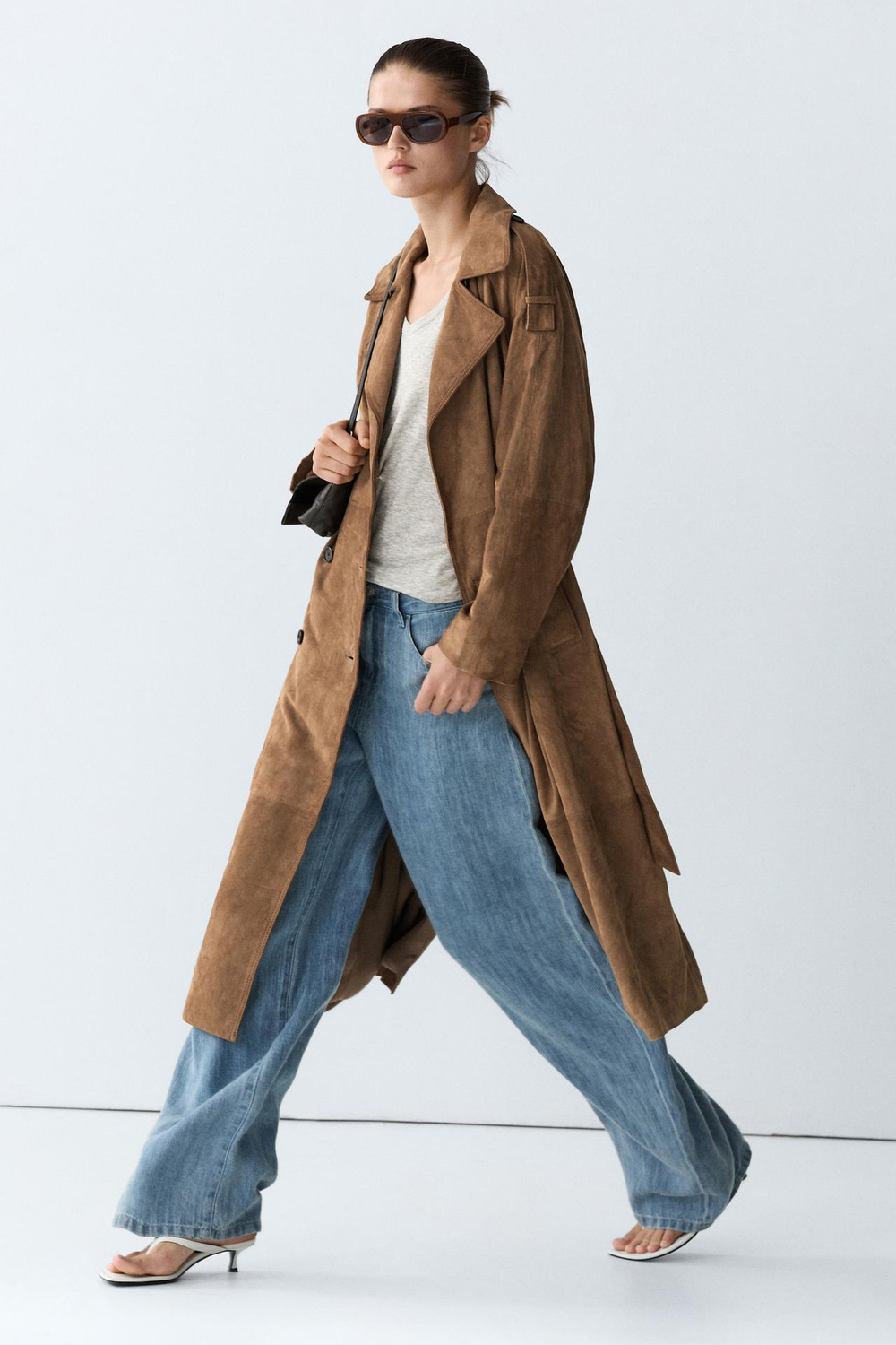Massimo Dutti Длинный замшевый тренч, светло-коричневый