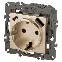 Розетка ЭРА Elegance 14-4108-04 2P+E 16A-250В со шторками с USB type-A+C 5В-3А шампань | Эра Elegance