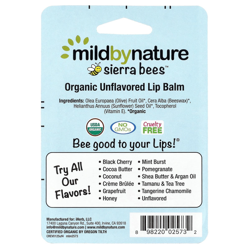 Mild By Nature, Sierra Bees™, органические бальзамы для губ, без добавок, упаковка из 4 шт. по 4,25 г (0,15 унции)