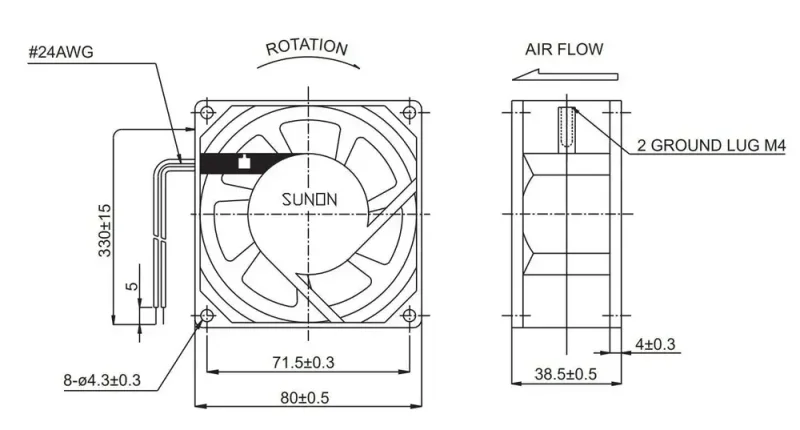 Вентилятор осевой компактный 80х80х38 мм SUNON SF23080A 2083 HSL, 230 В, 39 м3/час, 2300 об/мин., 31 Дб