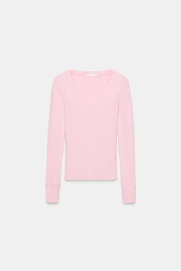 ZARA ФУТБОЛКА В РУБЧИК С ДЛИННЫМИ РУКАВАМИ, РОЗОВЫЙ