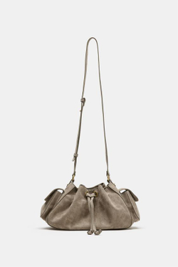 ZARA МИНИ-СУМКА ИЗ КОЖИ СО СБОРКАМИ, СЕРЫЙ