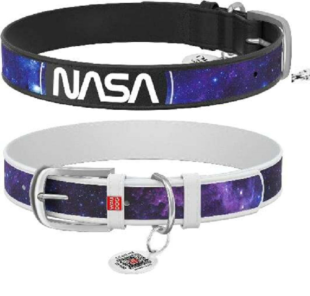 Ошейник кожаный WAUDOG Design с QR-паспортом, "NASA21", XS, Ш 12 мм, Дл 21-29 см черный