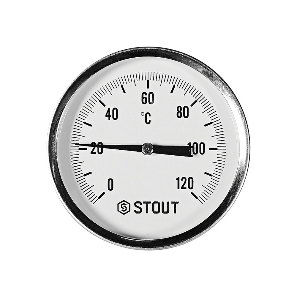 Термометр биметаллический аксиальный STOUT - 1/2" (D80 мм, шкала 0-120°C, с гильзой 50 мм)